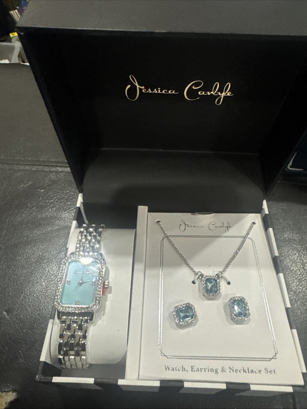 Jessica Carlyle Silver Tone Watch Necklace Earrings Gift Set Blue New Box